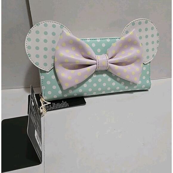 Loungefly Disney Minnie Mouse Polka Dot Wallet Pastel Zip Around With Bow Accent - Picture 4 of 11
